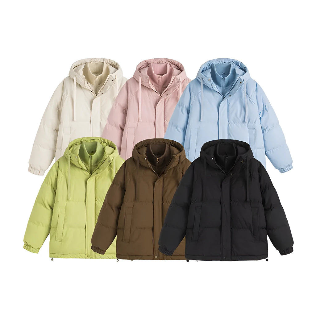 A loose two-piece cotton-padded winter coat in a solid colour with side seam pockets.