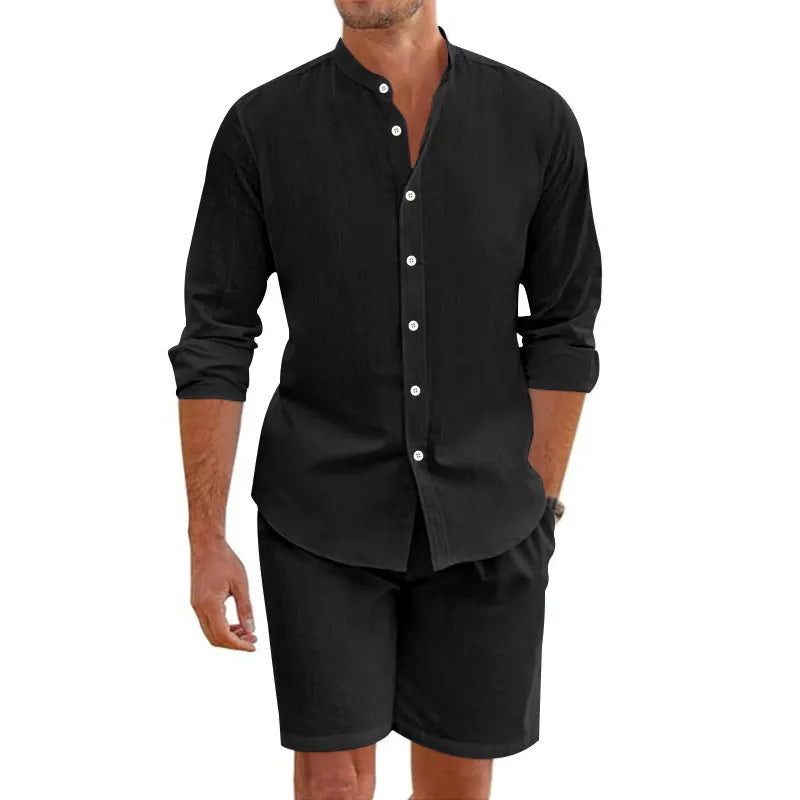 Men's light blue linen-blend short sleeve shirt and drawstring shorts summer suit set.