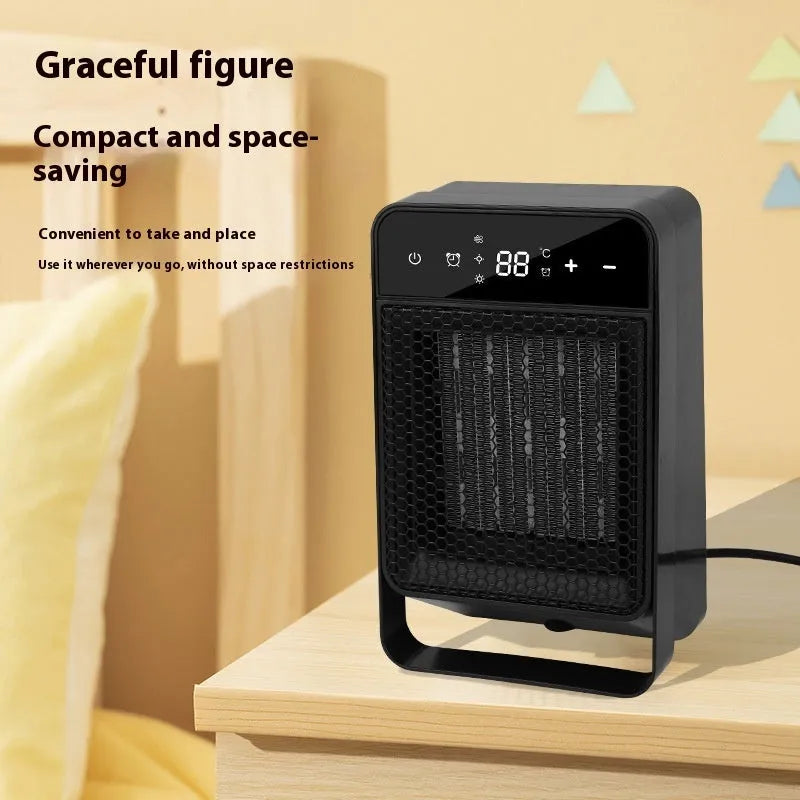 Desktop electric heater with digital touch screen display and remote control on a wooden desk.