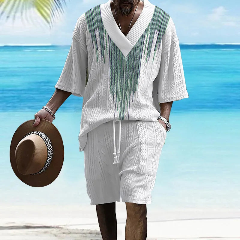 Printed drop-shoulder men's knitted short-sleeved top and matching shorts casual suit set