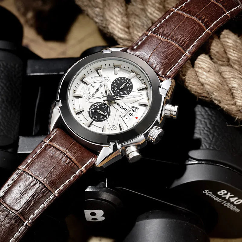 Men's quartz chronograph watch with three subdials showing black dial option