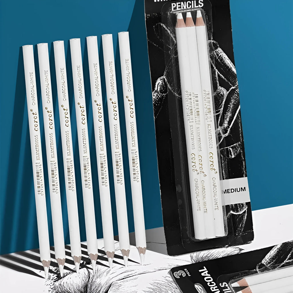 White charcoal pencils in wooden casing for drawing on dark paper with moderate hardness lead