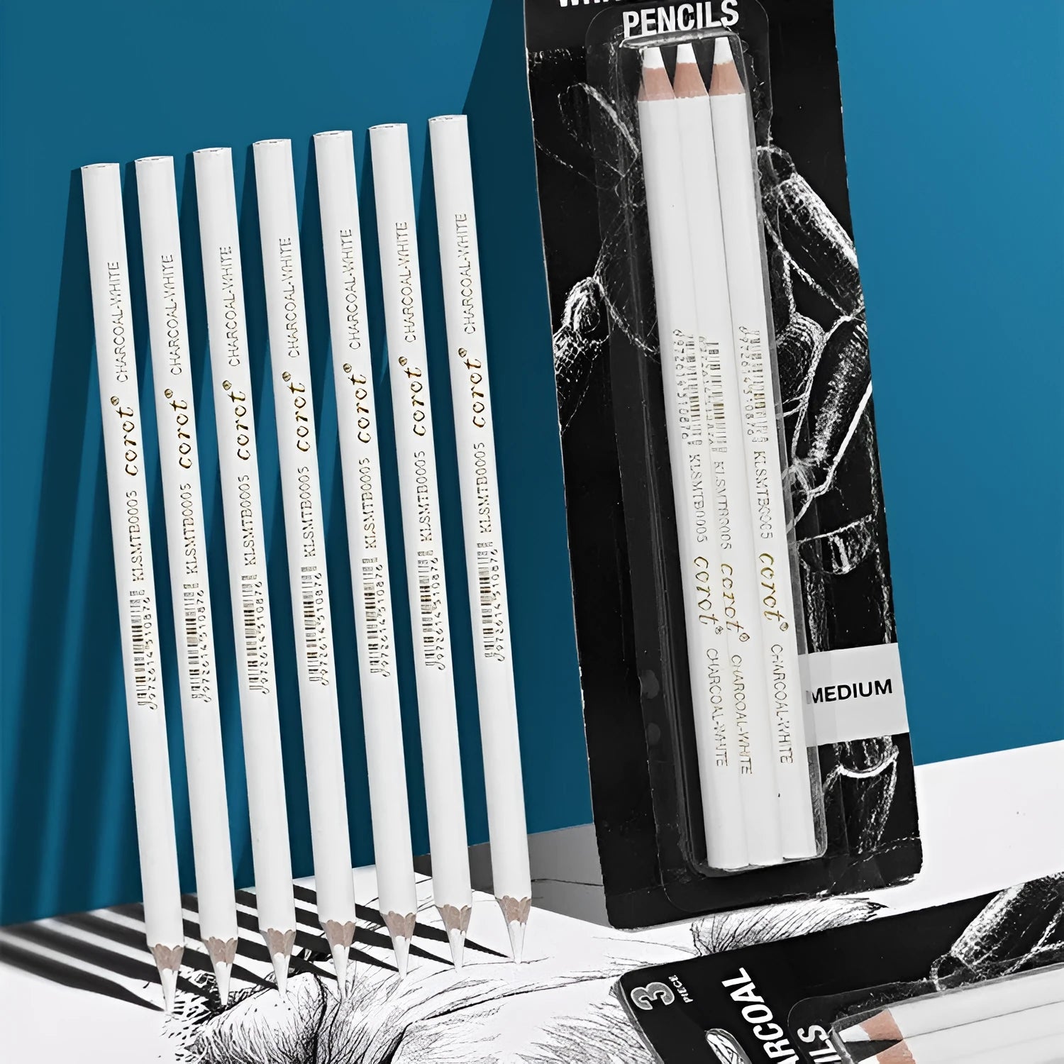 White charcoal pencils in wooden casing for drawing on dark paper with moderate hardness lead