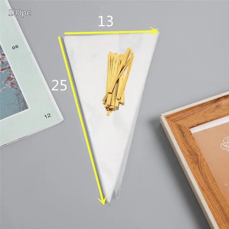 Clear triangle-shaped plastic packaging bag with a white tie wire closure, shown in three different sizes.