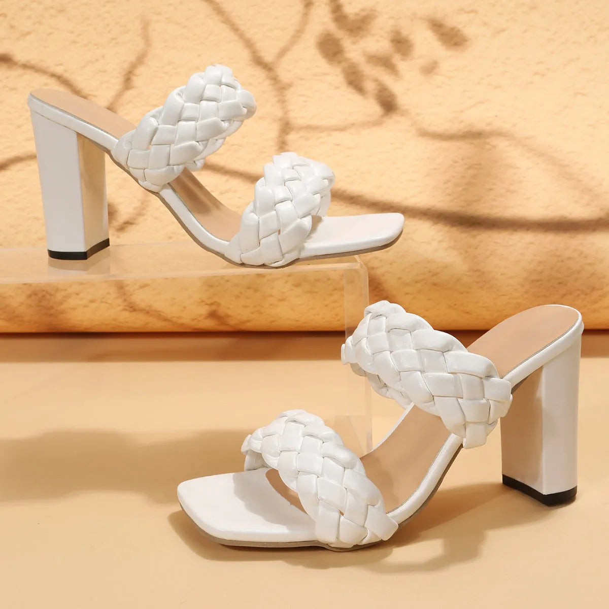 Square toe flip-flops with chunky heel and twisted woven design in apricot colour