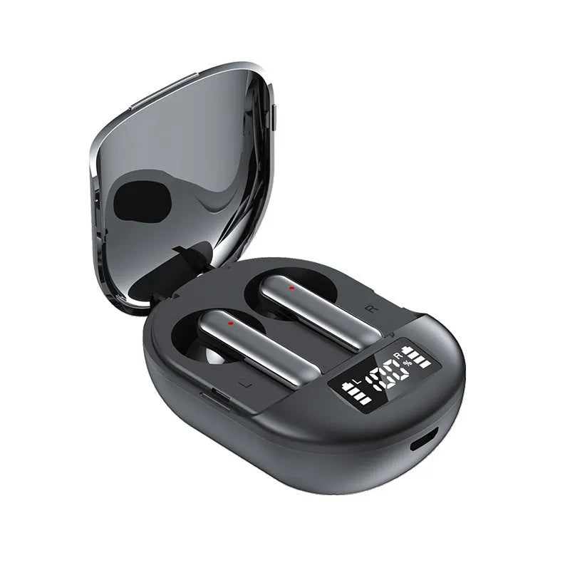 Black and white wireless Bluetooth headphones with digital display and charging case
