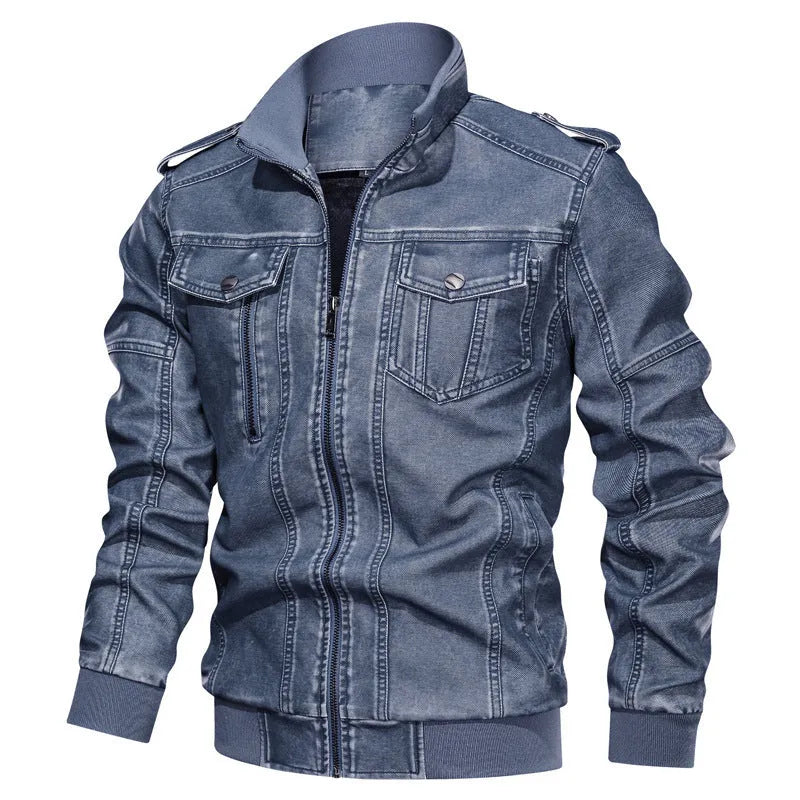 Men's PU leather coat in khaki with regular fit, side pockets, and 50cm length, size L to 6XL
