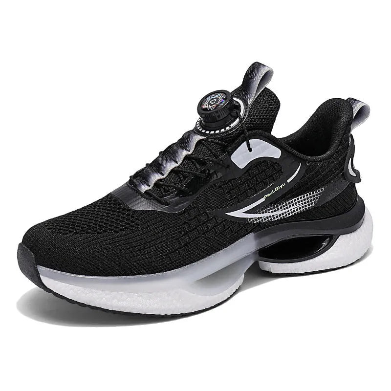 Men's white rotating button running shoes with breathable mesh upper and buckle fastening