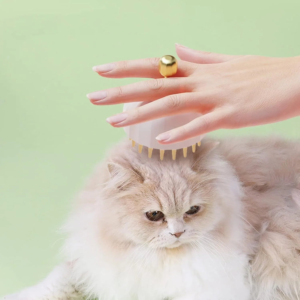 Green double-sided pet bath massage brush with silicone bristles and drain holes.