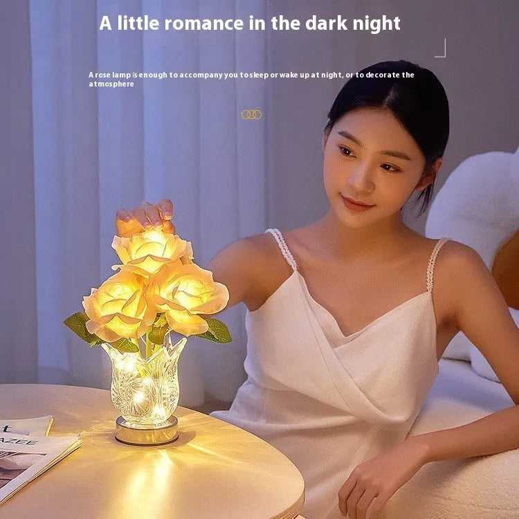 Crystal flowers design USB rechargeable table lamp with touch dimming control on wooden surface