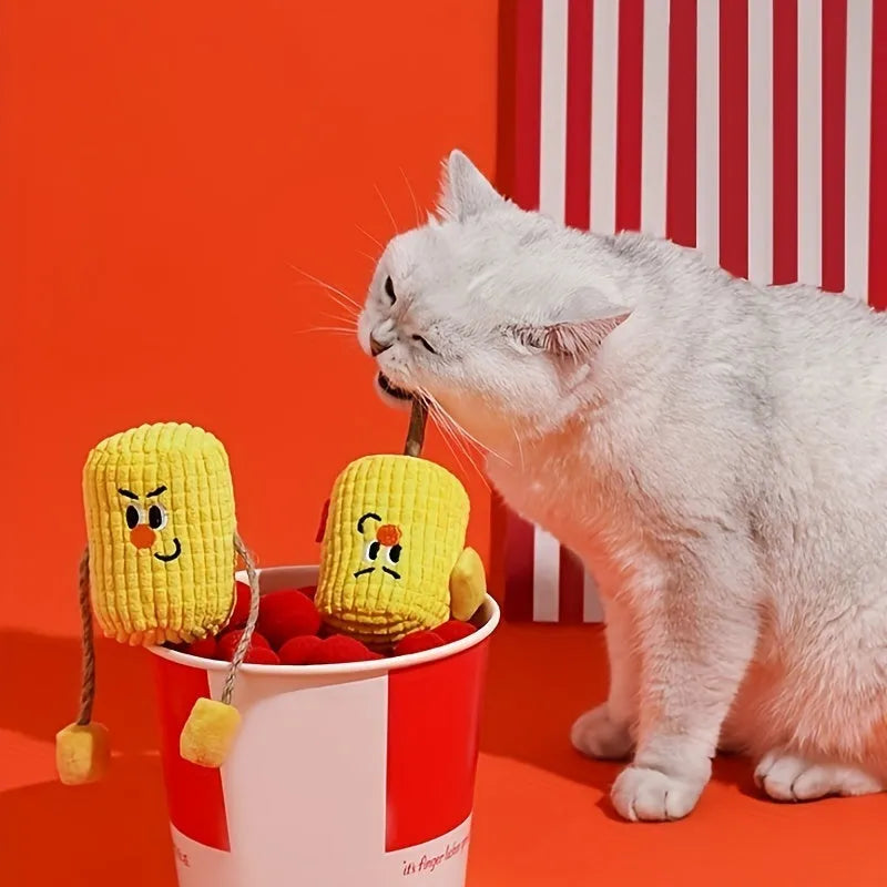 Natural polii wood corn cob shaped cat chew toy infused with catnip for dental care.