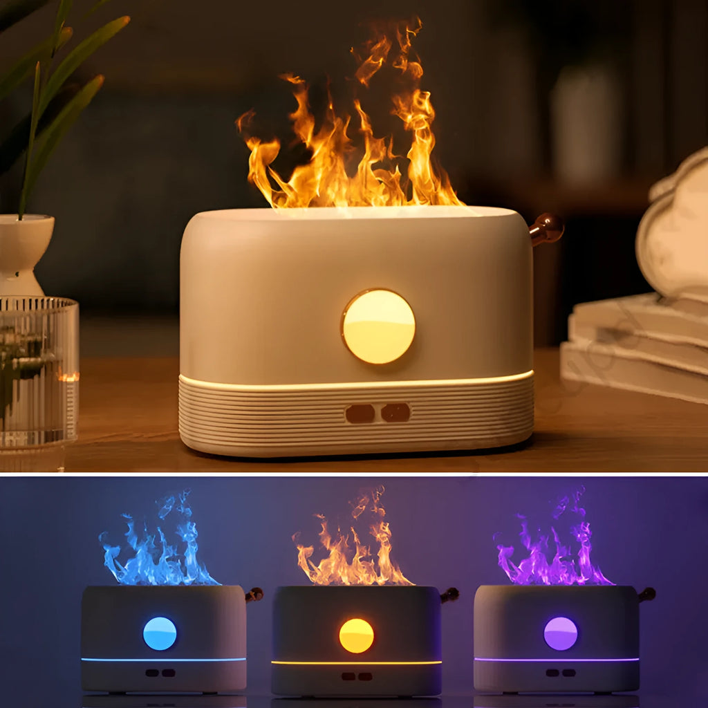 Black USB desktop humidifier with flame-effect LED light and 200ml water tank