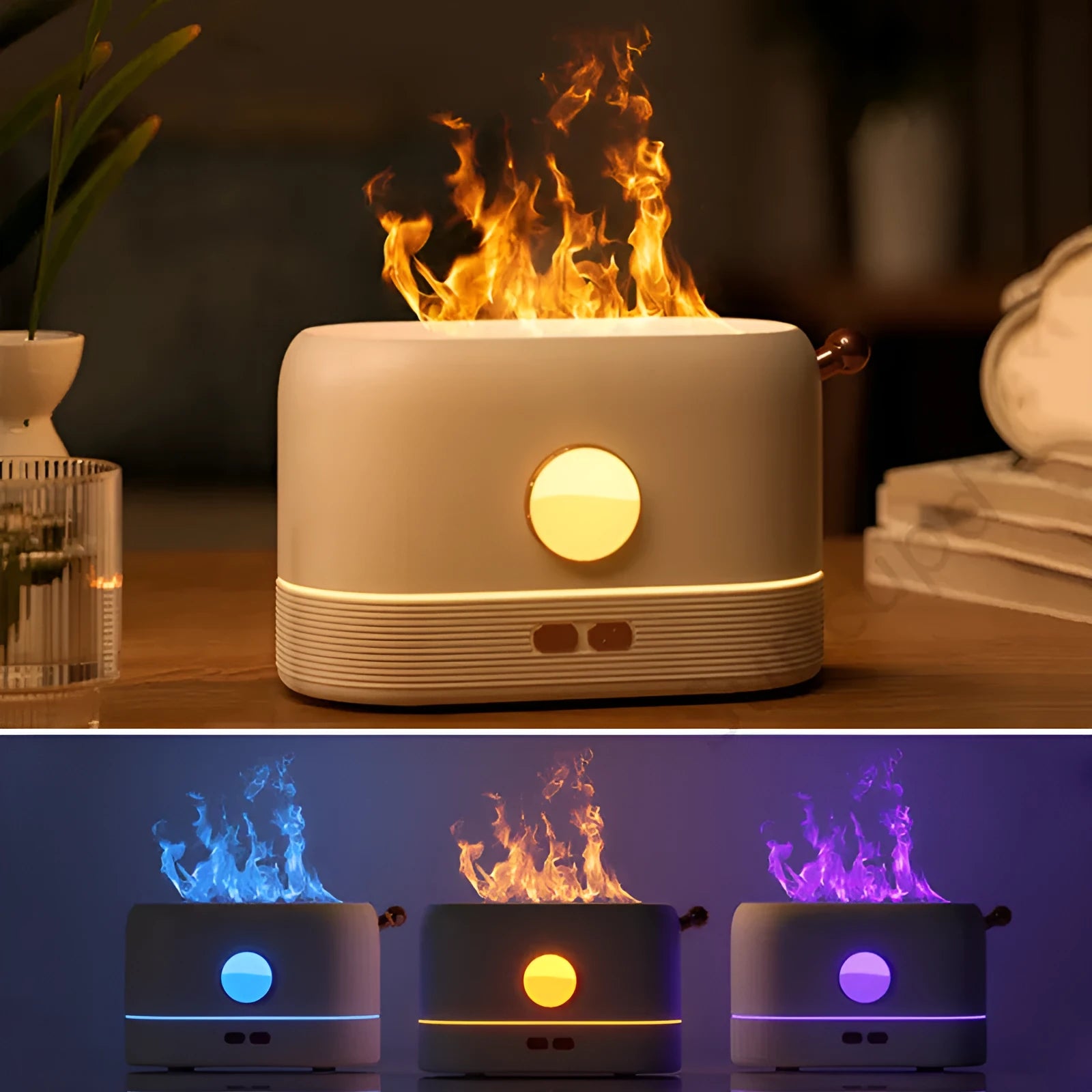Black USB desktop humidifier with flame-effect LED light and 200ml water tank
