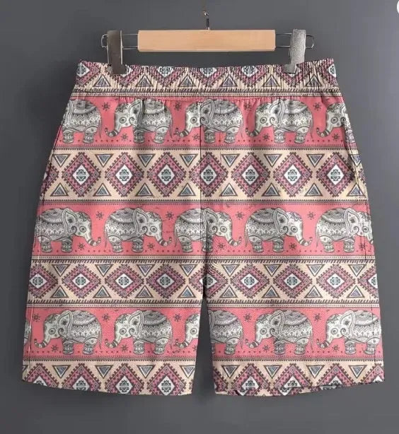 Men's casual polyester sports shorts in a camouflage print pattern, laid flat.