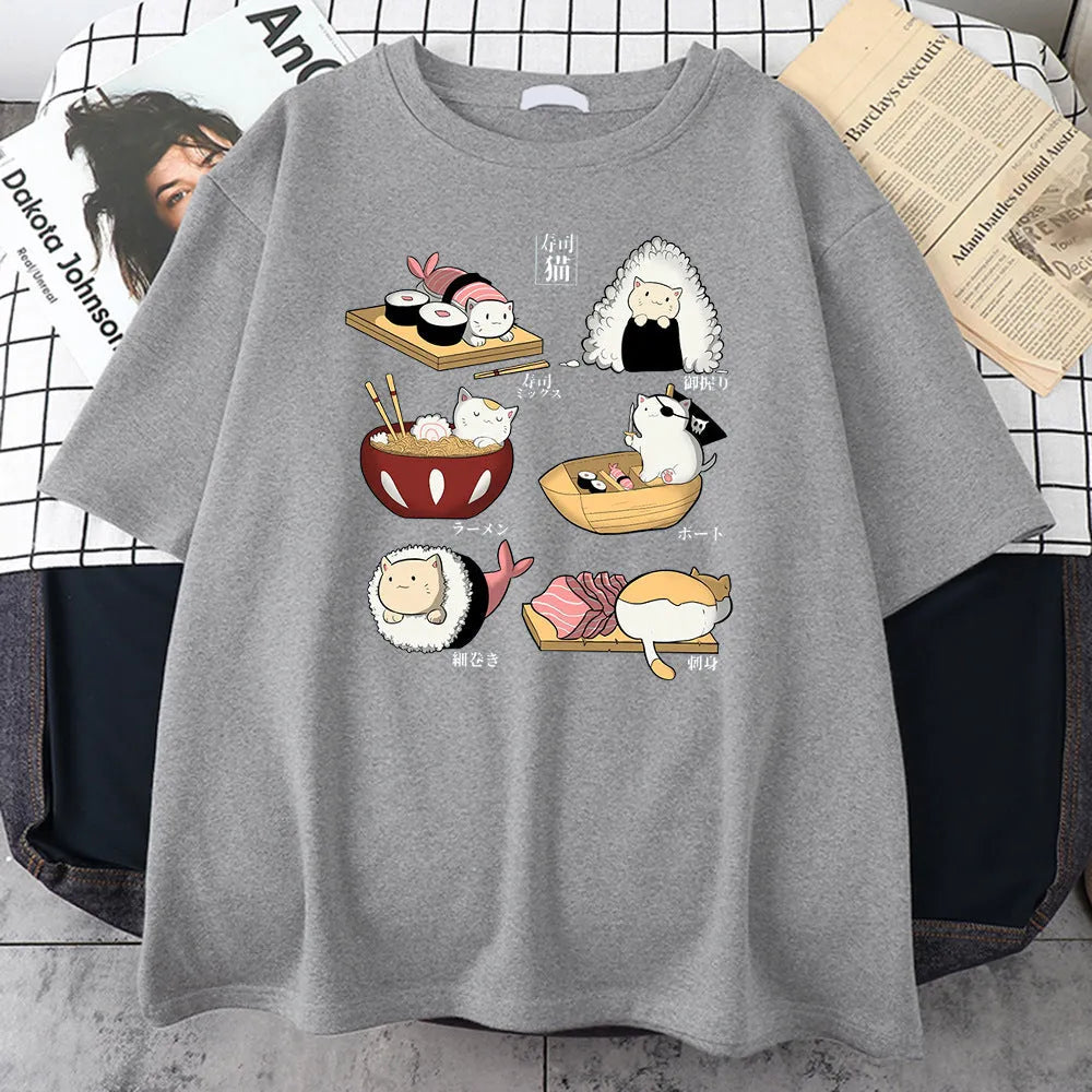 Men's black cotton T-shirt with white cat sushi cartoon print, short sleeves, loose fit