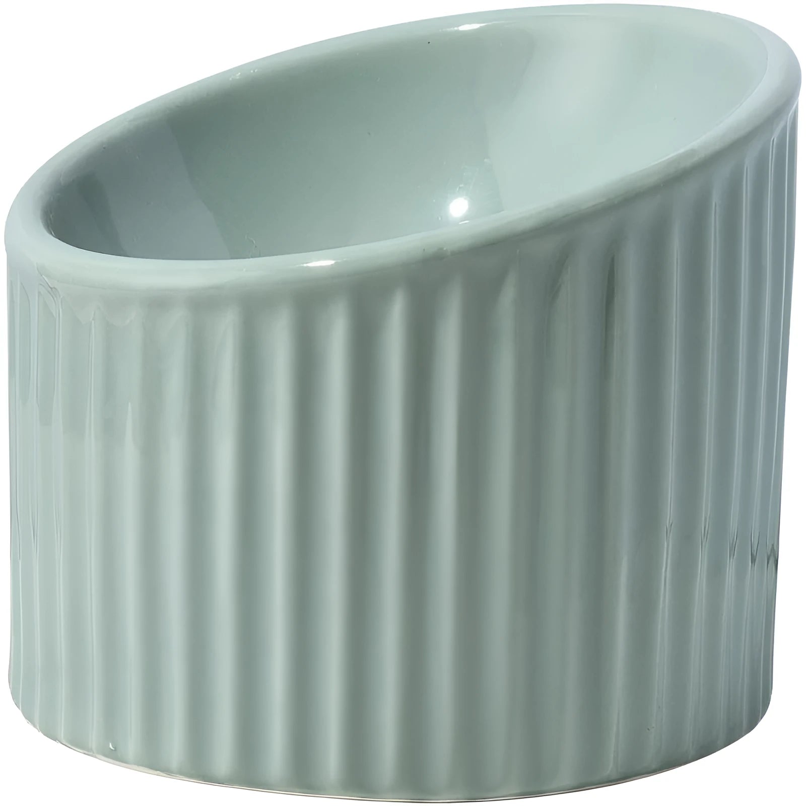 Dark green ceramic elevated cat bowl with tilted, round design for food or water.