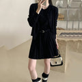 Women's grey national style knitted two-piece set with pleated vest skirt and long-sleeved cardigan.