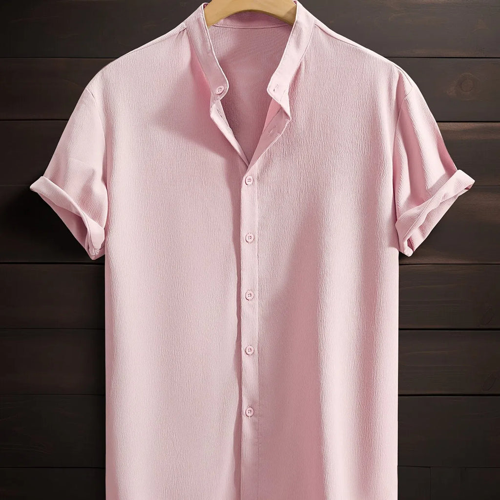 Men's casual solid colour polyester stand collar short sleeve loose fit shirt in khaki