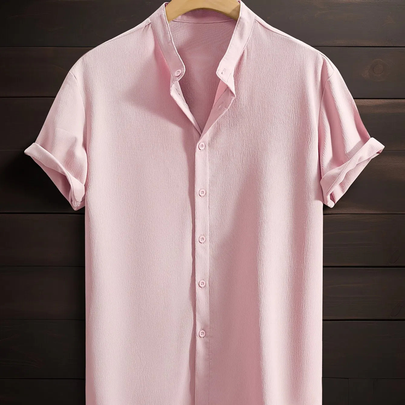 Men's casual solid colour polyester stand collar short sleeve loose fit shirt in khaki