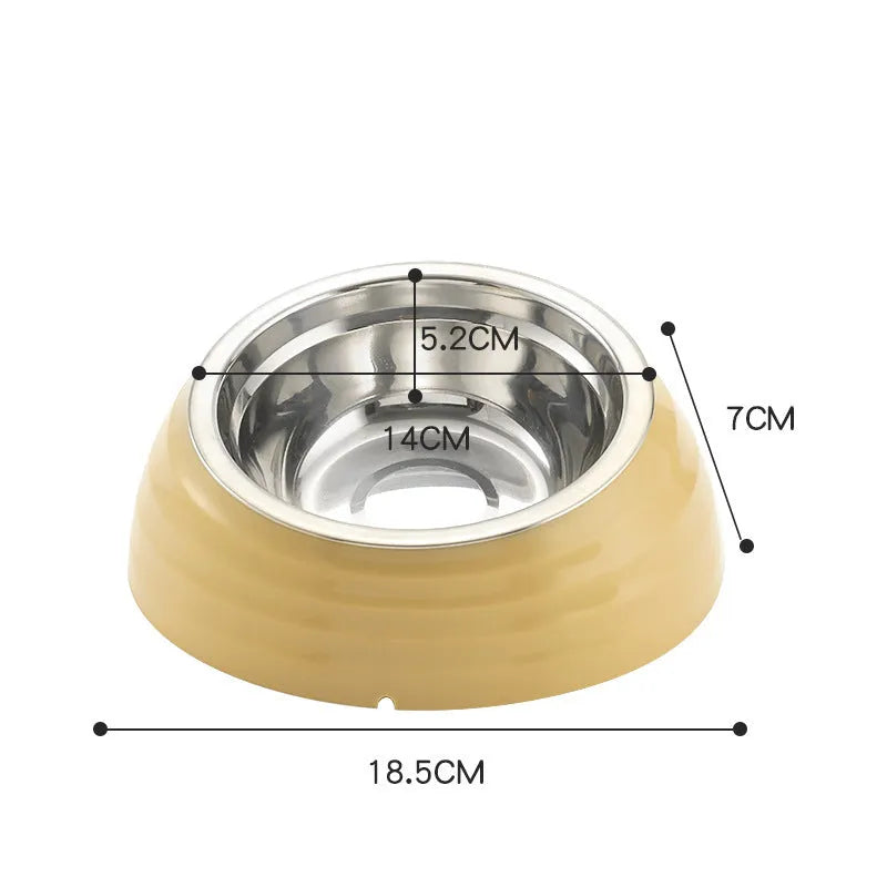 Stainless steel cat bowl with plastic base in beige, brown, or light green.