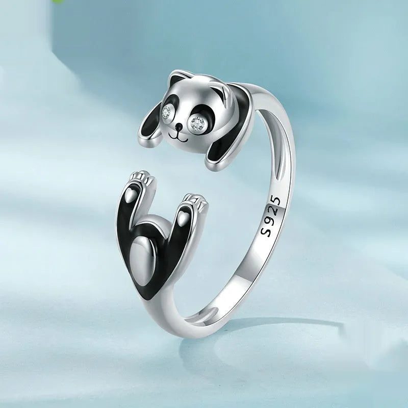 Adjustable sterling silver panda open ring bracelet with white gold plating