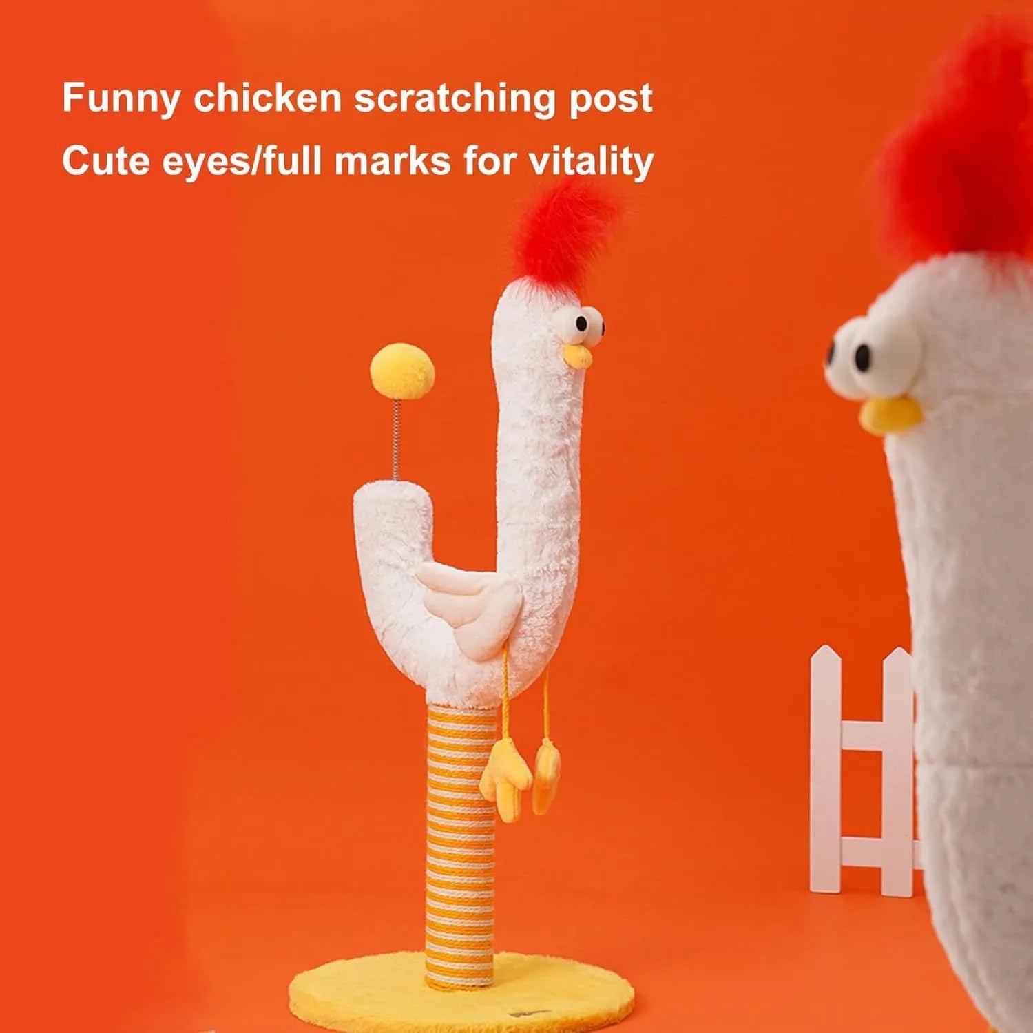 Yellow vertical sisal cat scratching post with chicken design, spring ball, and reinforced solid wood base