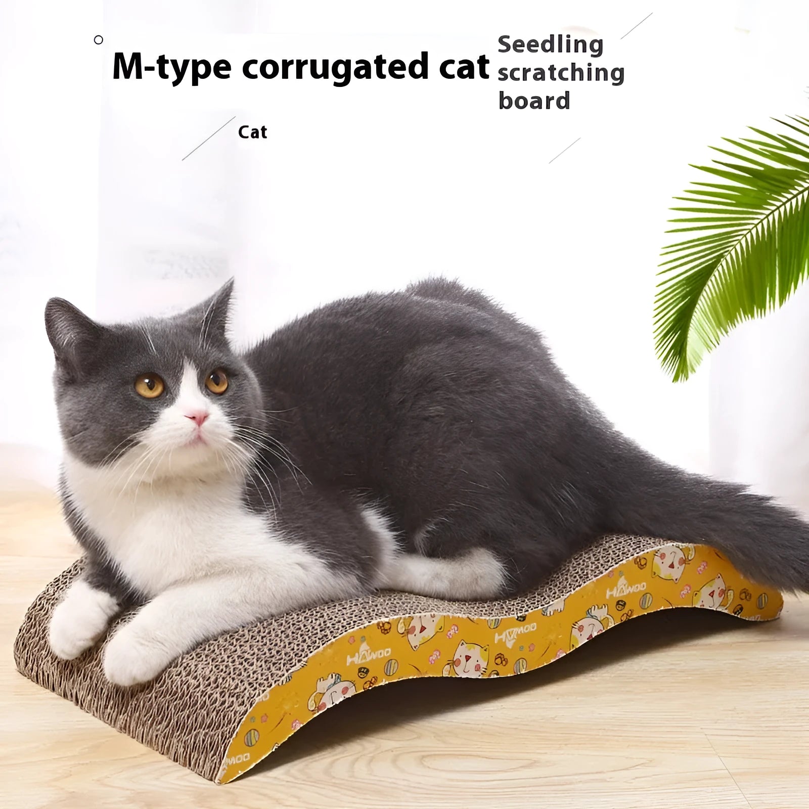 Corrugated paper cat scratch board showing bone-type, M-type, and trapezoid shape options