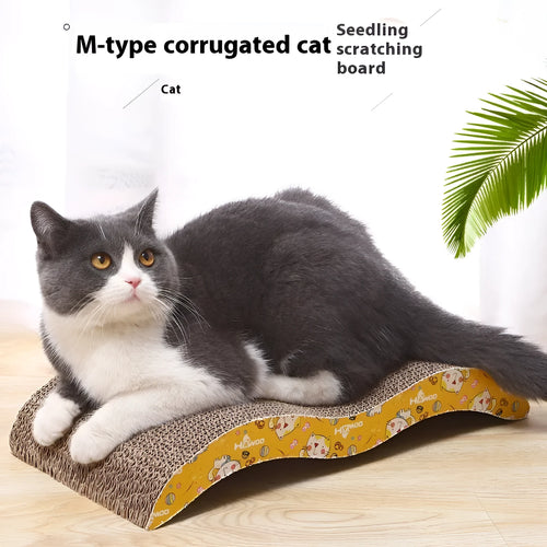 Corrugated paper cat scratch board showing bone-type, M-type, and trapezoid shape options