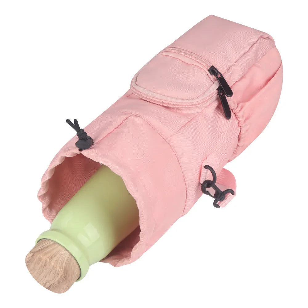 Cloth water bottle shoulder bag with crossbody strap in black, green and pink colour options