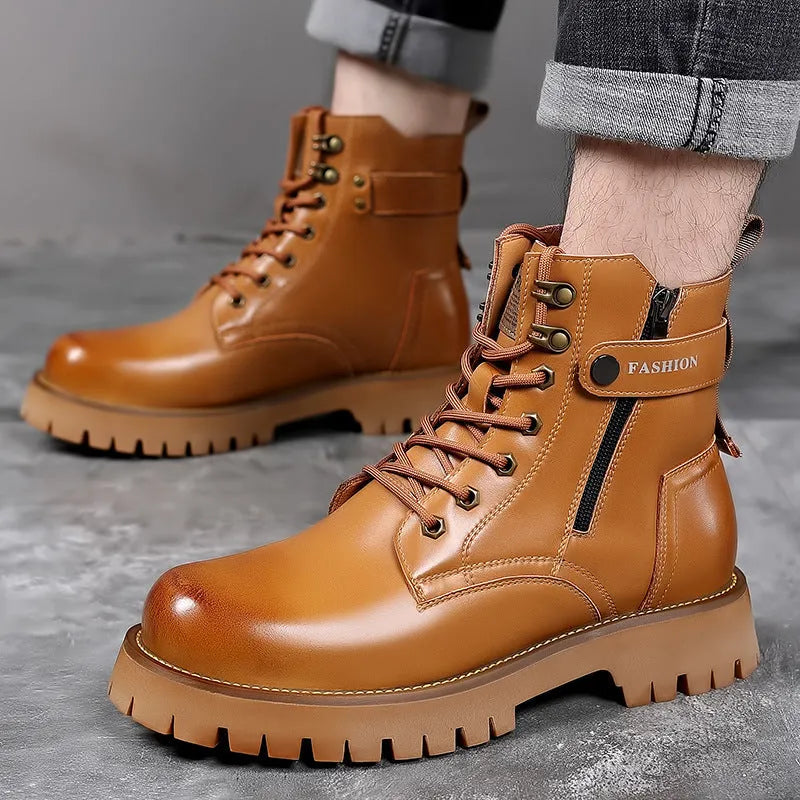 Men's light brown high-top Martin boots with side zipper and thick rubber sole