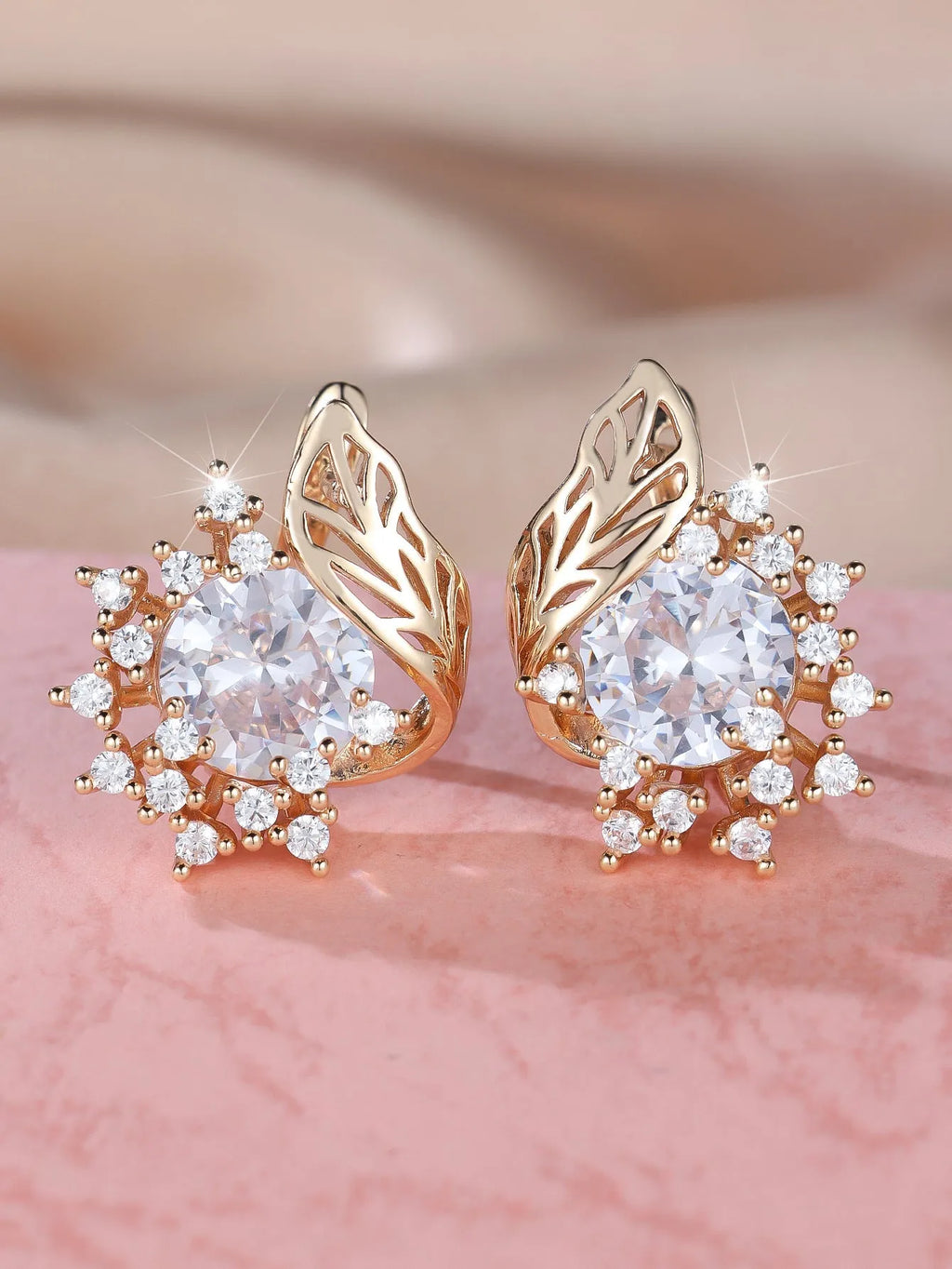 Round flowers feather zircon earrings in rose gold electroplated finish with multiple diamond colour options