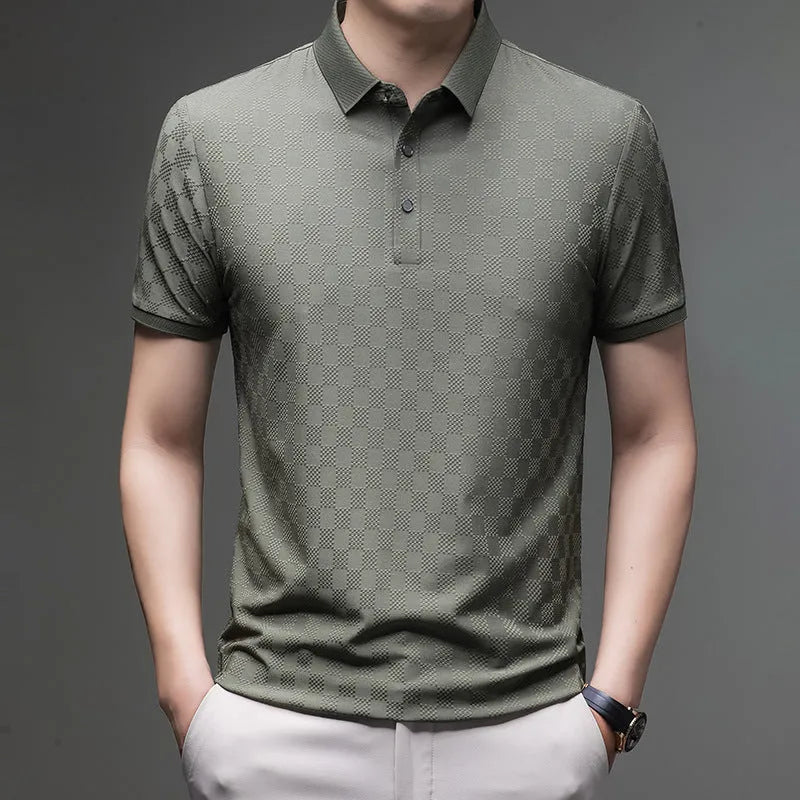 Rhombus thin Ice Silk short sleeve T-shirt in black, showing slit detail and fabric texture.