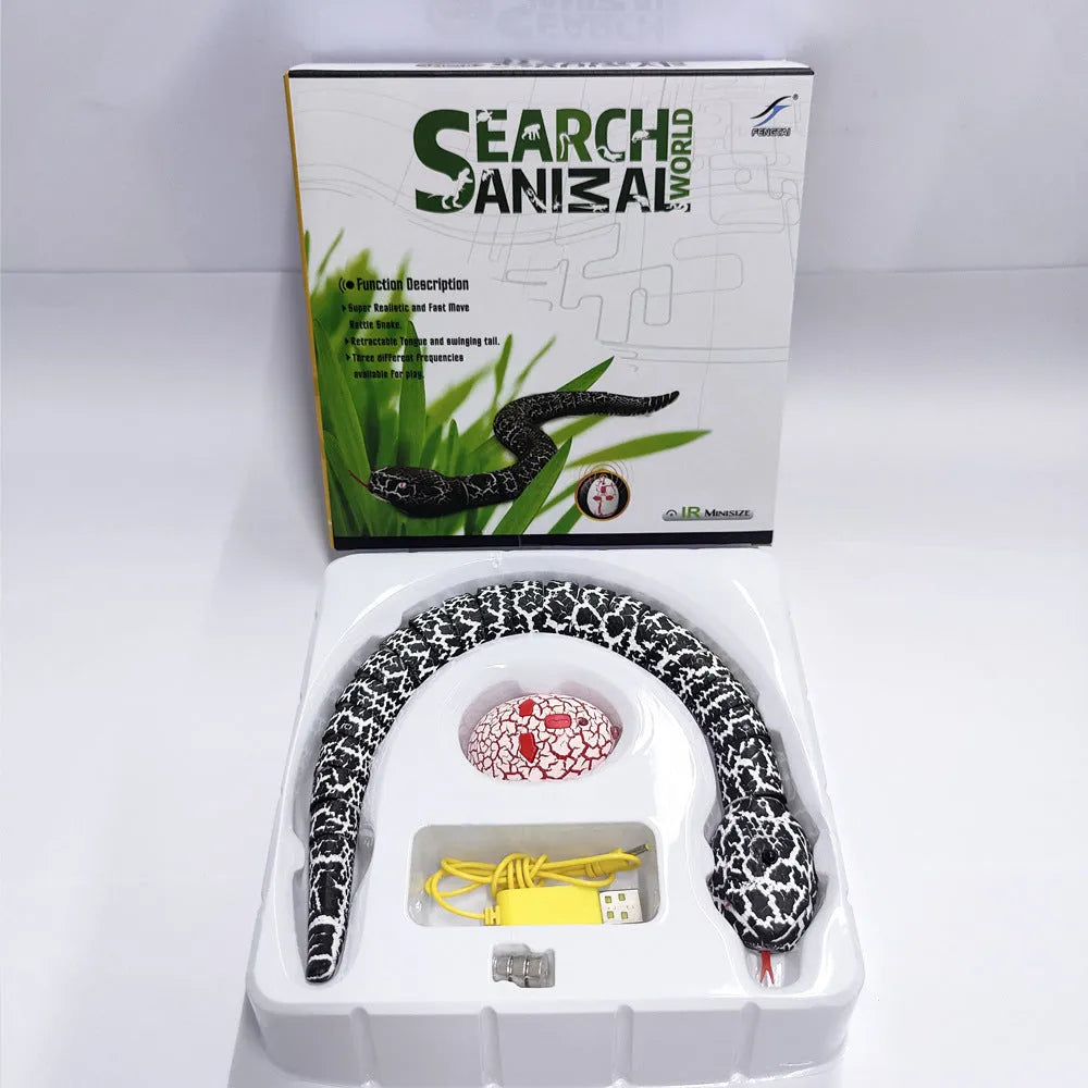 Smart sensing electronic snake cat toy with segmented plastic body and USB charging cable.