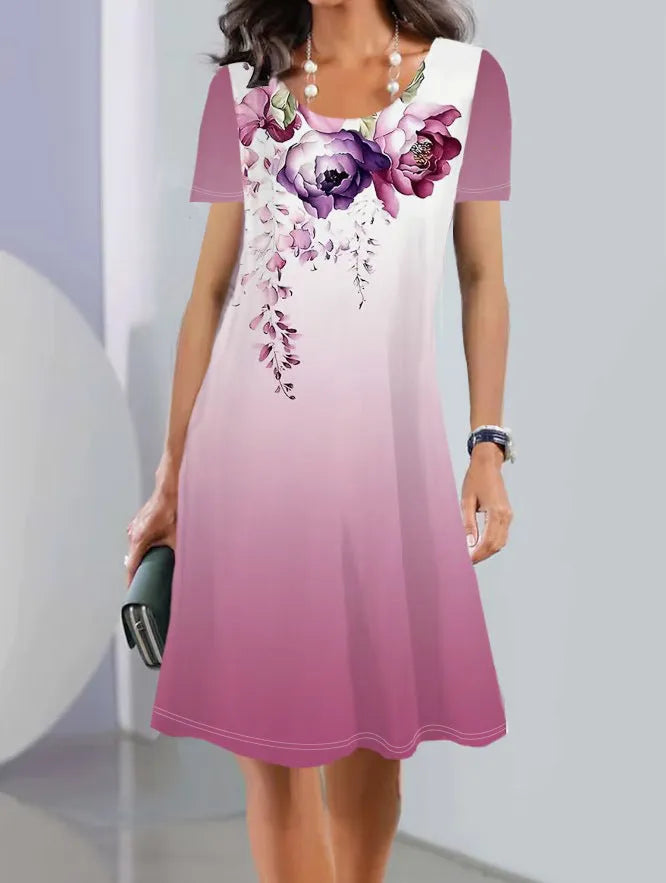 Women's floral print ice silk summer dress with A-line mid-length skirt and short sleeves