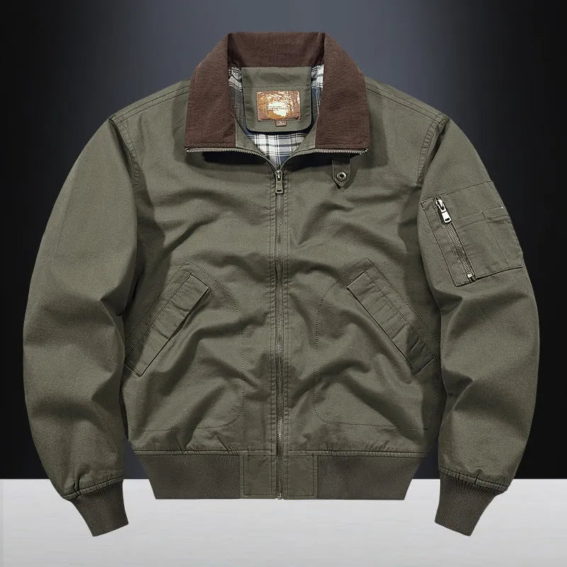 Men's plus-size washed cotton baseball flight jacket in Army Green
