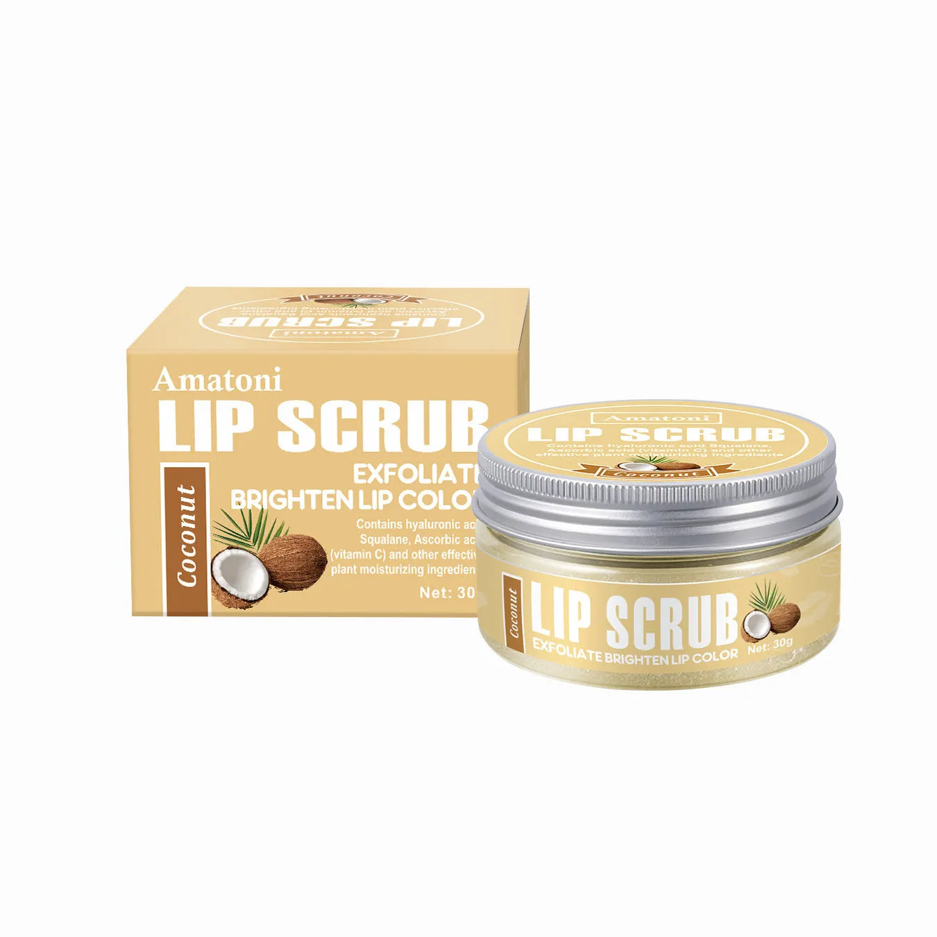 Amatoni fruit flavour lip scrub cream pot in 30g size with coconut, raspberry, vanilla, or watermelon options