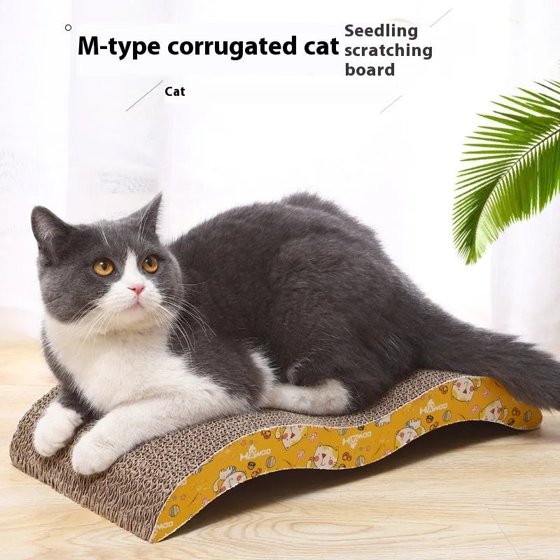 Corrugated paper cat scratch board showing bone-type, M-type, and trapezoid shape options