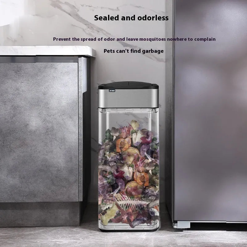 Stainless steel smart trash can with inductive lid and square shape on kitchen floor.