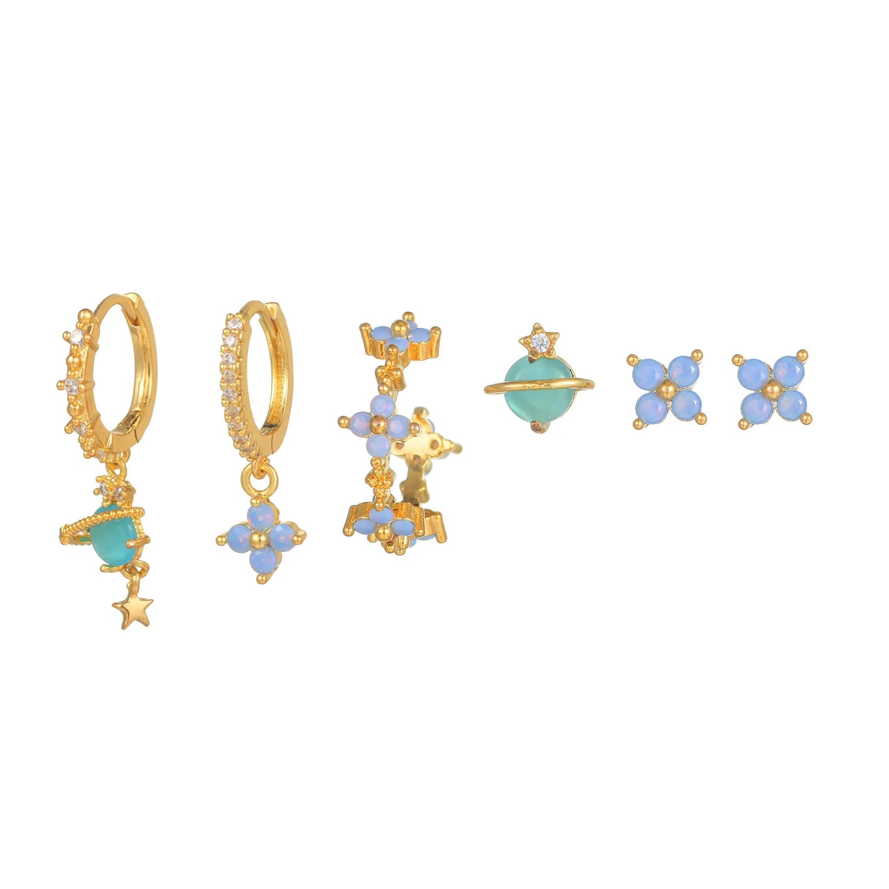 Japanese Korean style floral stud earrings with zircon mosaic in gold or silver colour