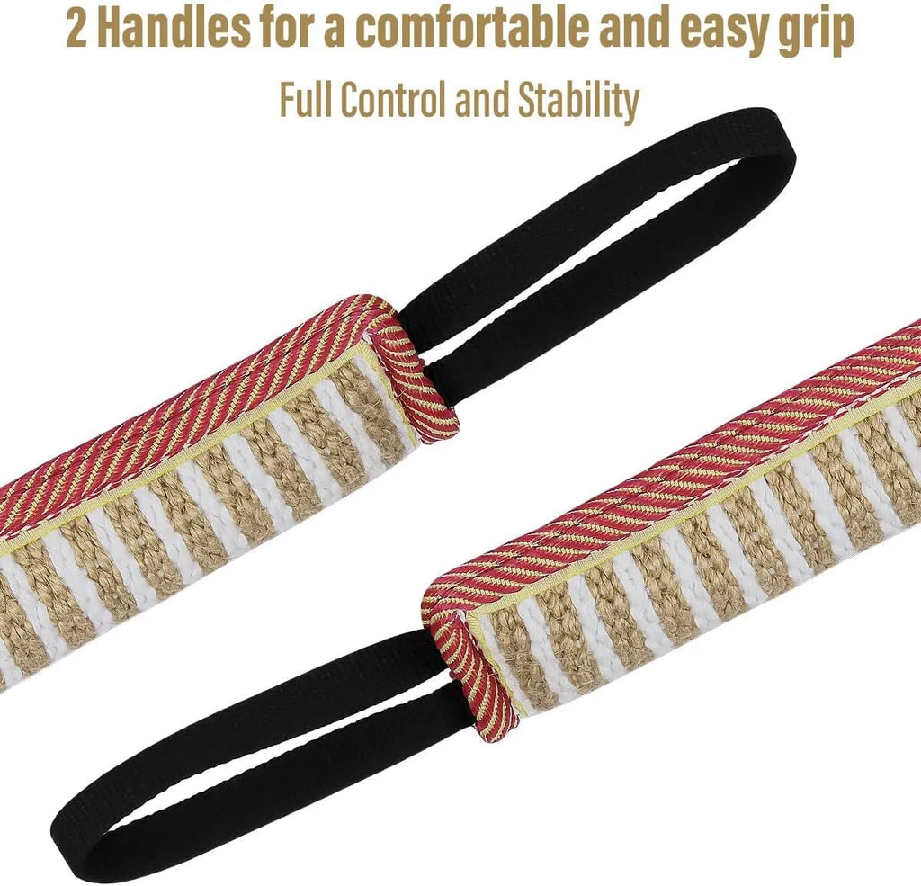 Beige jute dog tug toy with two fabric handles for interactive tug-of-war training