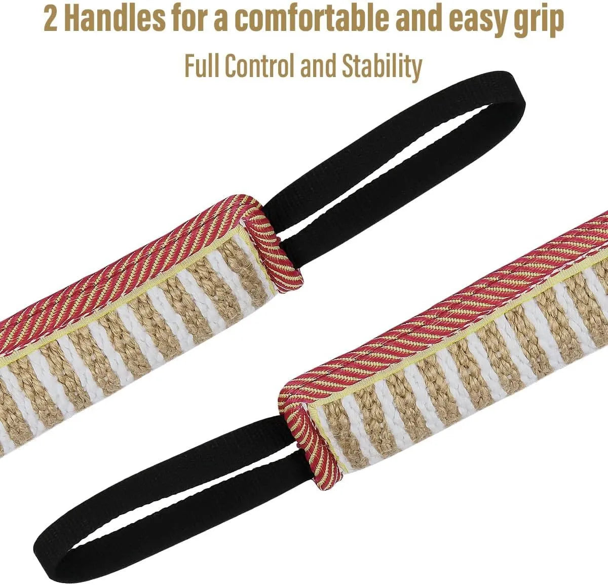 Beige jute dog tug toy with two fabric handles for interactive tug-of-war training
