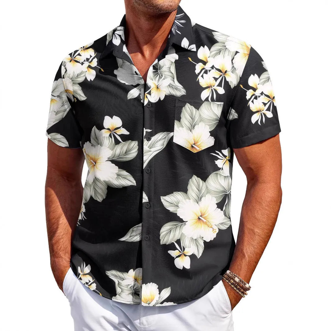 Men's slim fit Hawaiian shirt with short sleeves in elastic polyester fabric