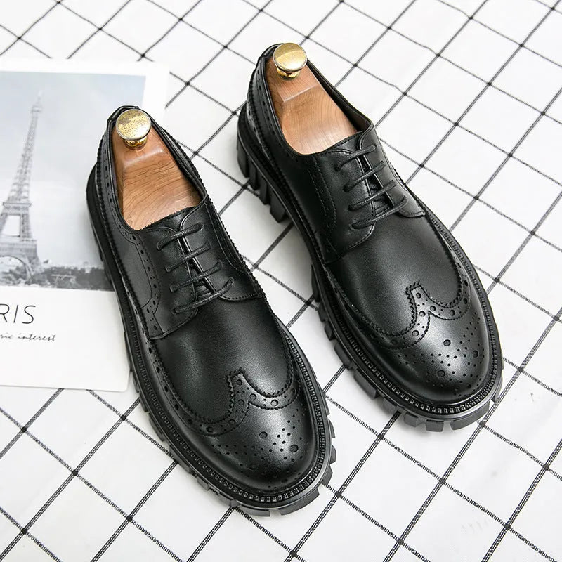 Men's black business brogue shoes with round toe design and artificial leather upper