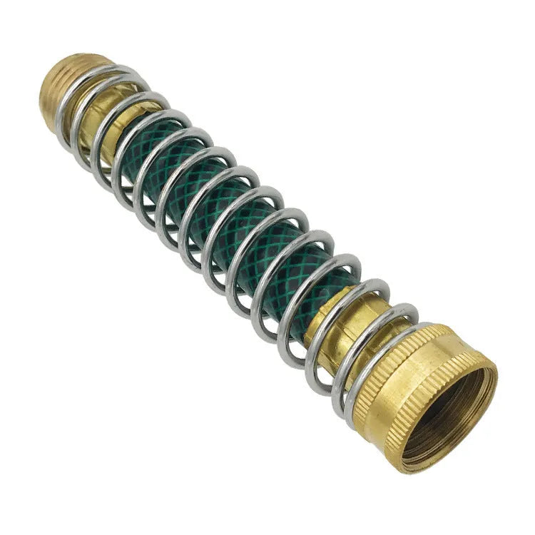 Brass garden hose connector with spring mechanism for preventing kinks