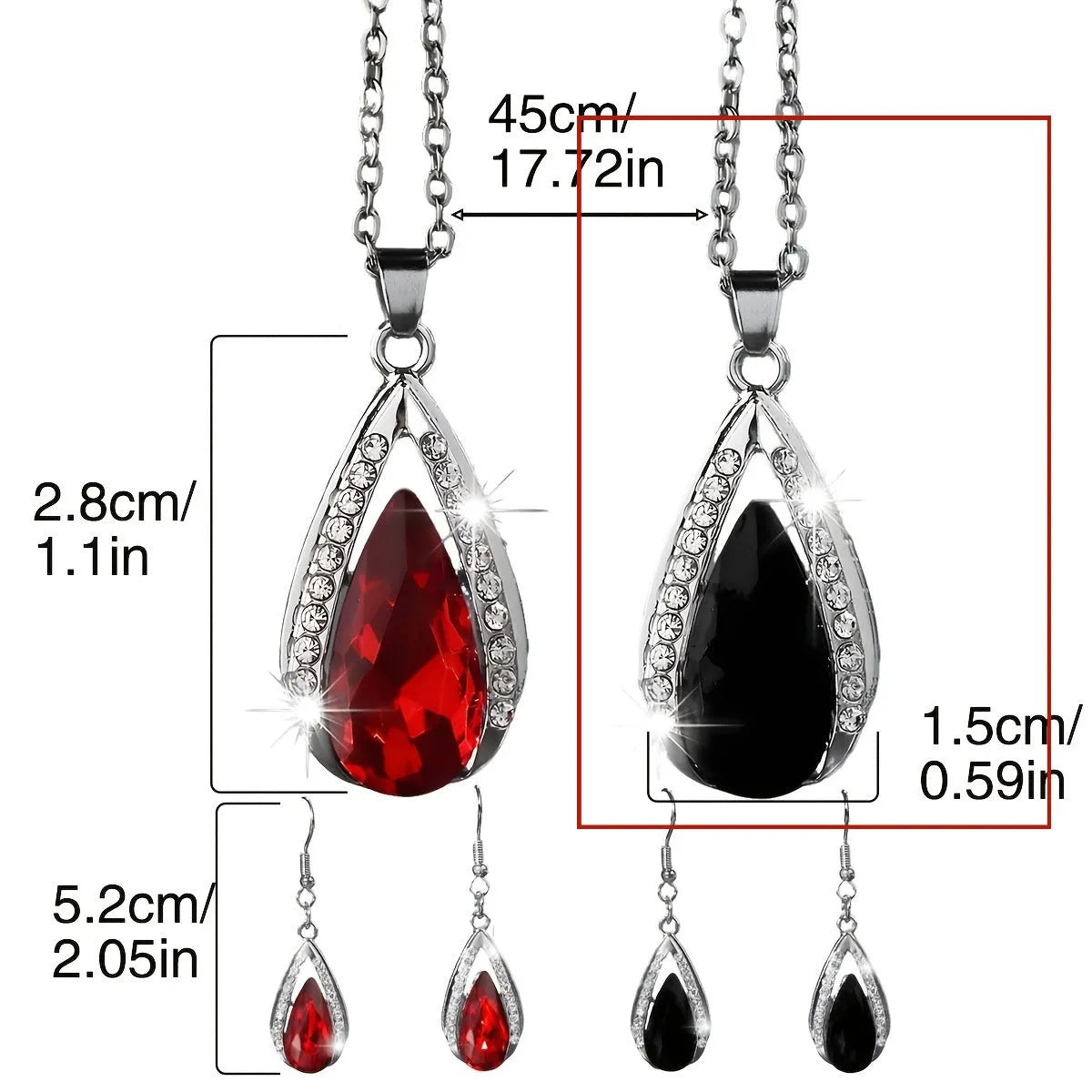 Black or red teardrop glass pendant necklace and matching earrings jewellery set