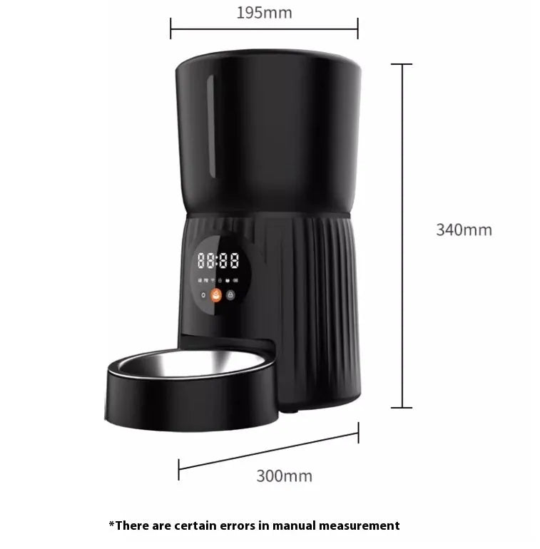 Black intelligent pet feeder with USB cable connection and food dispenser opening