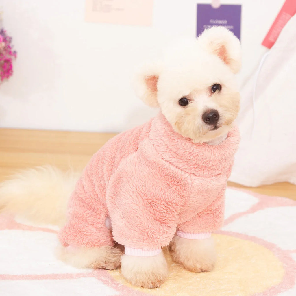 Blue four-legged dog clothes with high collar and towing ring made of double-sided plush cotton velvet