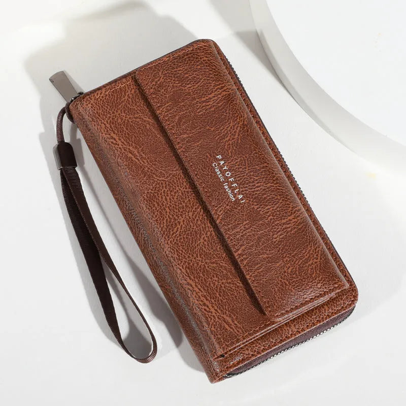 Men's black PU leather long wallet with multiple card slots, shown with dimensions.