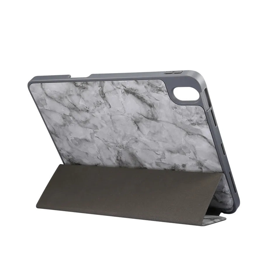 iPad tri-fold marbling leather case with pen slot in dark grey colour