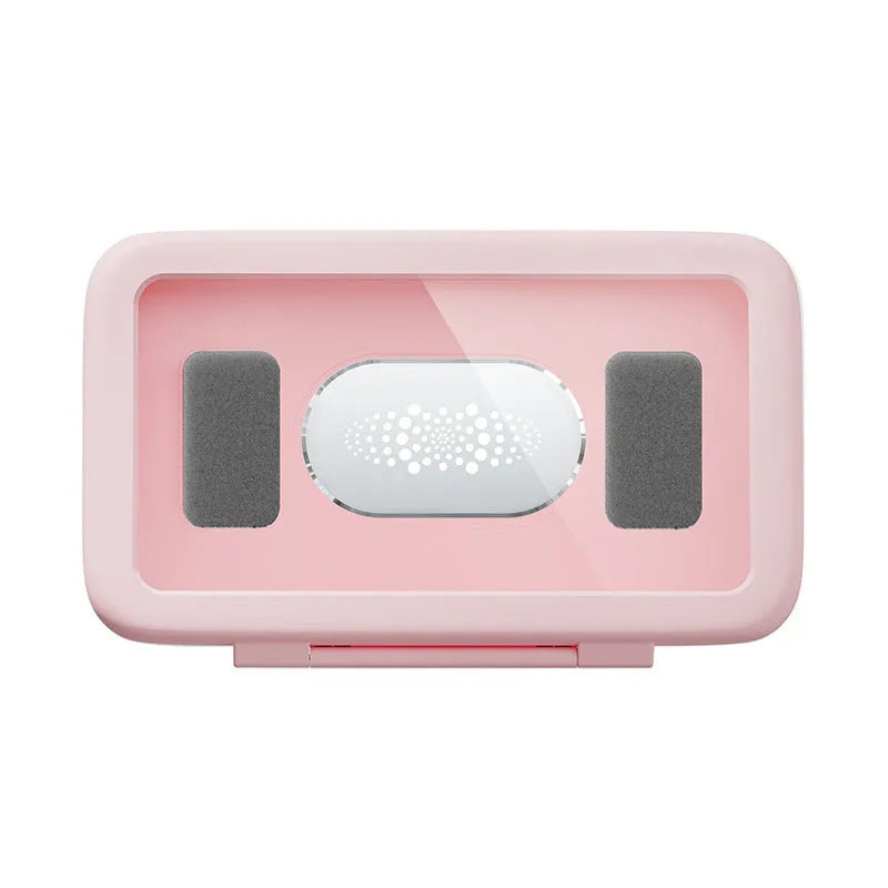 White plastic waterproof phone holder mounted on tile with phone inside, showing touch screen and anti-fog window.
